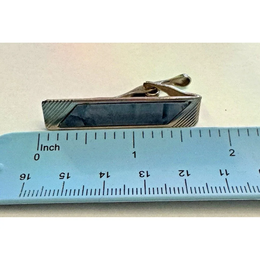 Vintage Gold Tone Cufflinks & Tie Clip Set Gray Inlay Rectangular Art Deco Look
